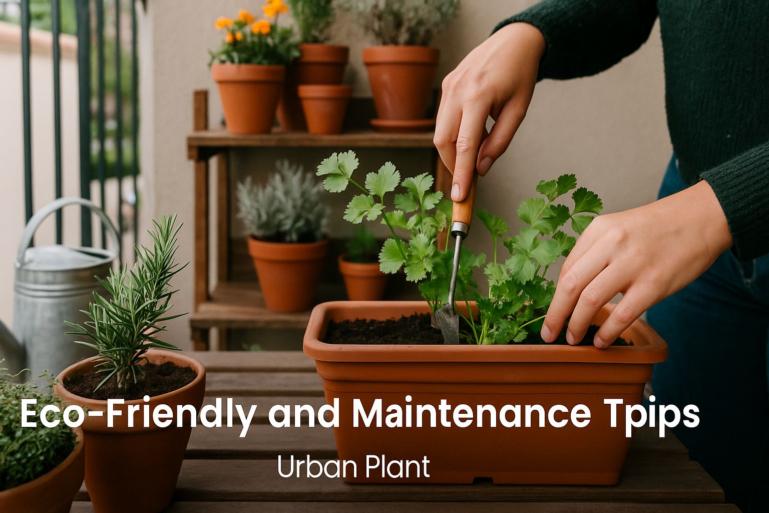 eco-friendly balcony garden with potted herbs, compost-friendly soil, and a metal watering can for sustainable care – Urban Plant.